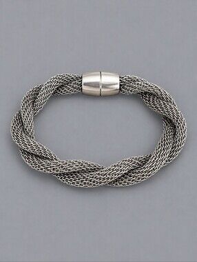 Silvertone Metal Mesh Braided Magnetic  Clasp Unisex Bracelet